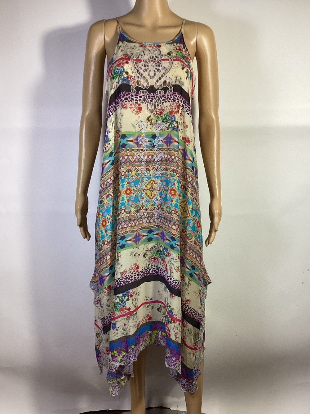 Johnny Was spaghetti strap handkerchief hem embroidered dress Sz XS